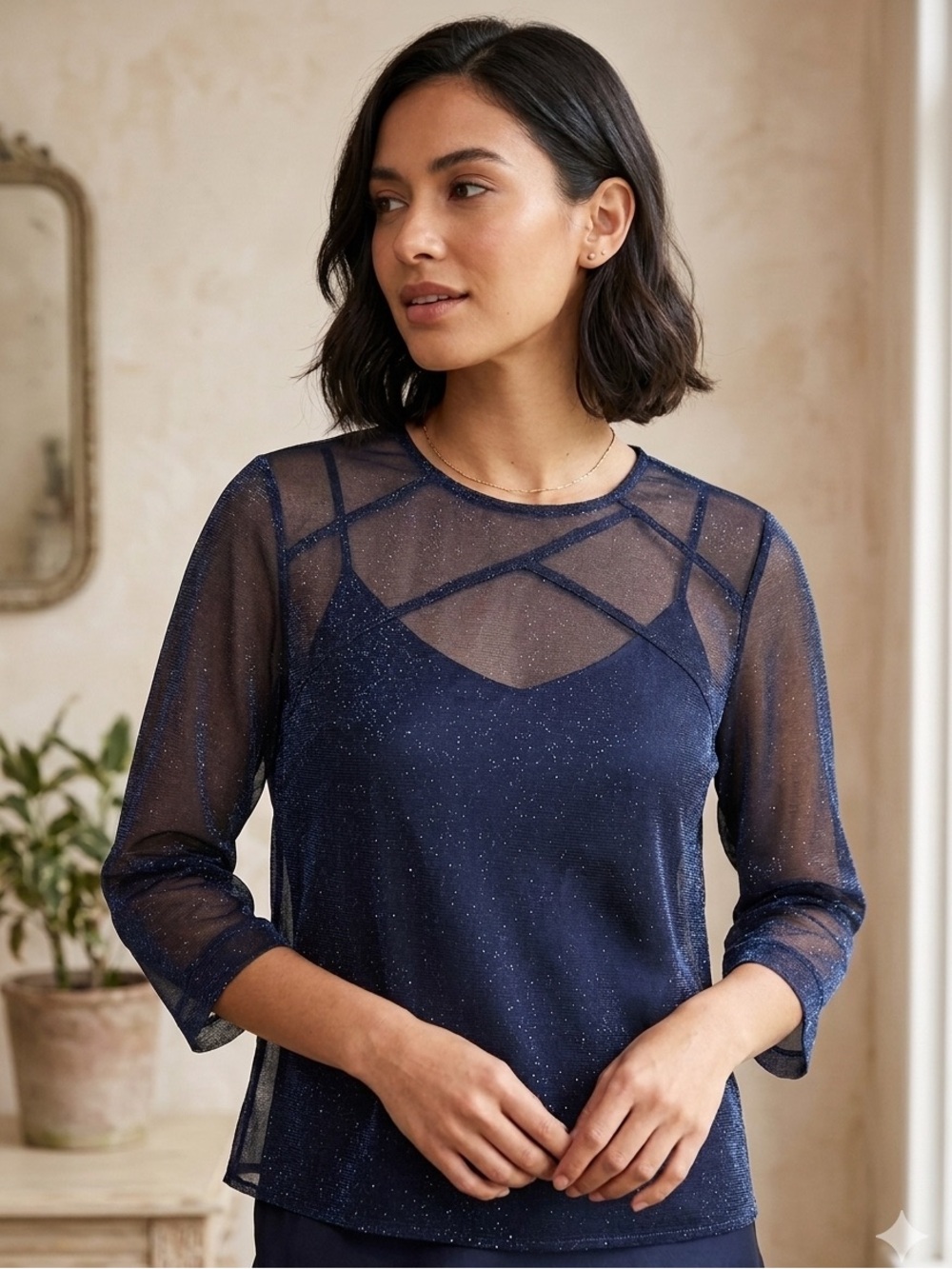 Vintage Carine black blue sparkle sheer quarter sleeve blouse size small